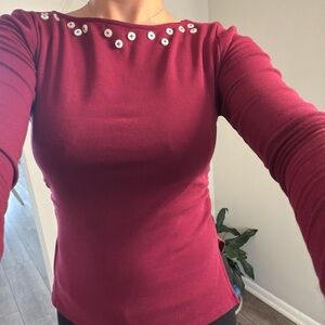 Button Detailed Burgundy Long Sleeve Top